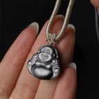 Fortune Jewel Natural Silver Sheen Obsidian Laughing Buddha Protection Necklace Pendant