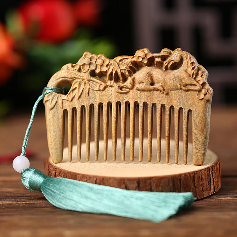 Fortune Jewel Green Sandalwood Fox Peony Flower Lotus Engraved Cure Tassel Comb Fortune Jewel