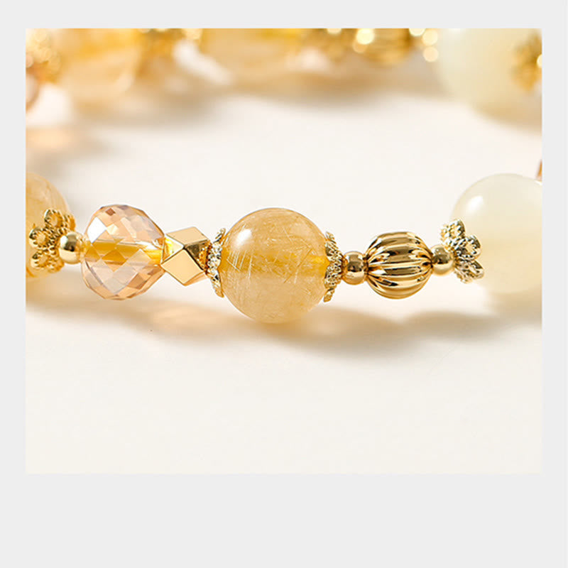 Fortune Jewel 14K Gold Plated Golden Rutilated Quartz Wealth Bell Lucky Fortune Charm Bracelet