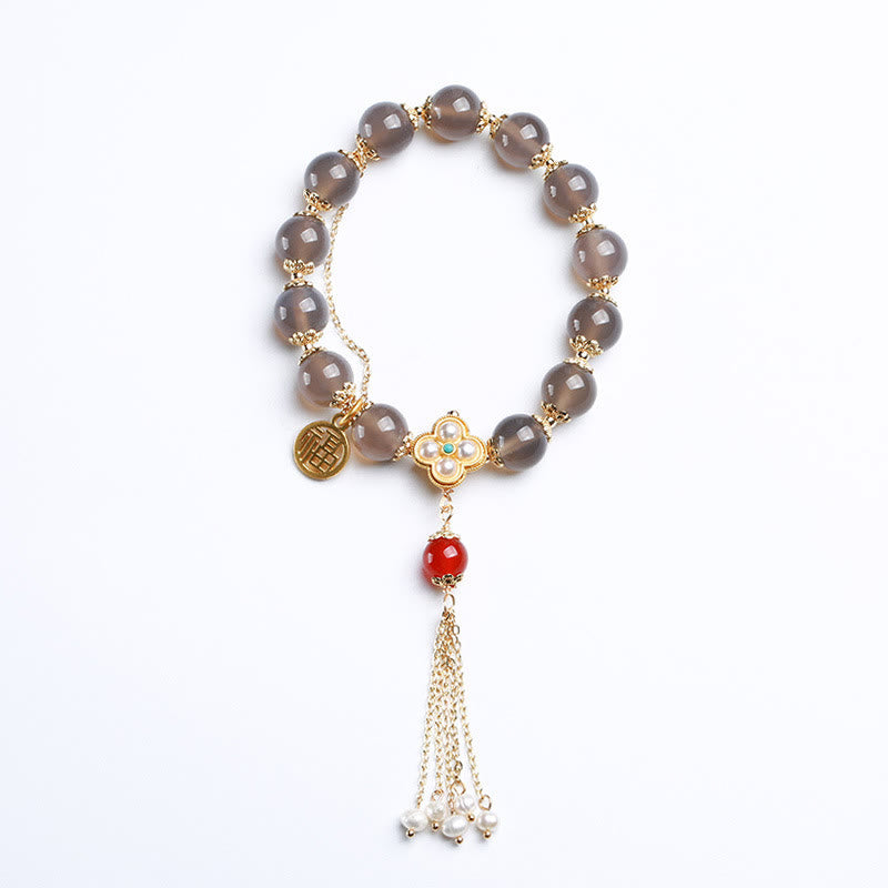 Fortune Jewel Natural Gray Agate Fu Character Pearl Tassel Balance Bracelet