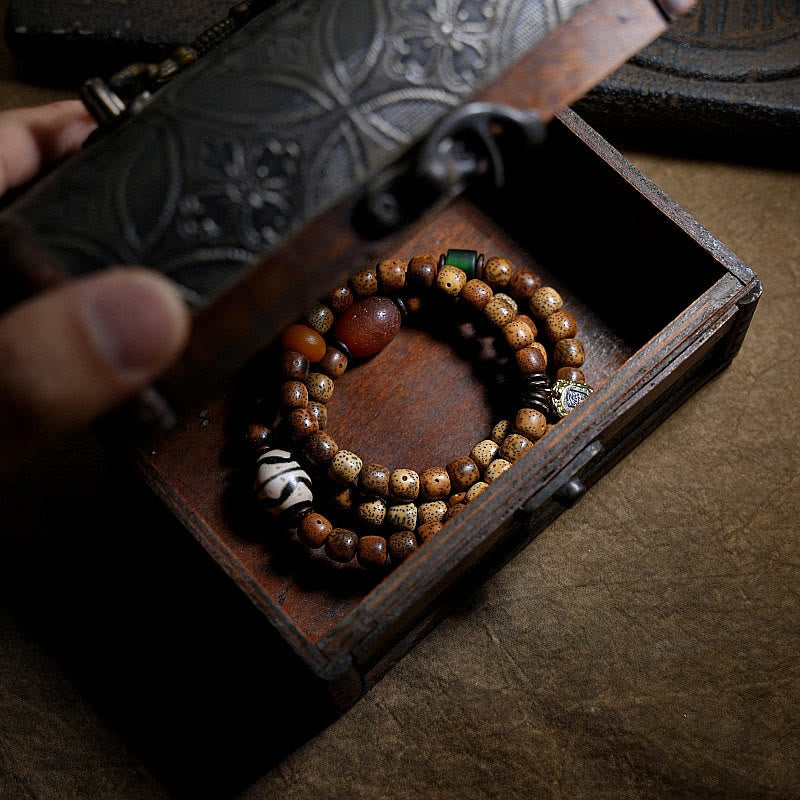 Fortune Jewel Tibetan Bodhi Seed Amber Dzi Bead Agate Zakiram Goddess of Wealth Beads Triple Wrap Bracelet