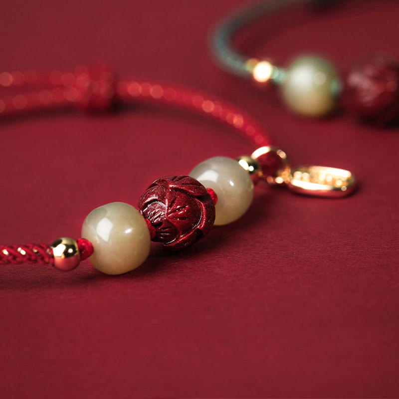 Fortune Jewel 14K Gold Plated Hetian Jade Cinnabar Lotus Luck Handcrafted Rope Bracelet