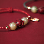 Fortune Jewel 14K Gold Plated Hetian Jade Cinnabar Lotus Luck Handcrafted Rope Bracelet