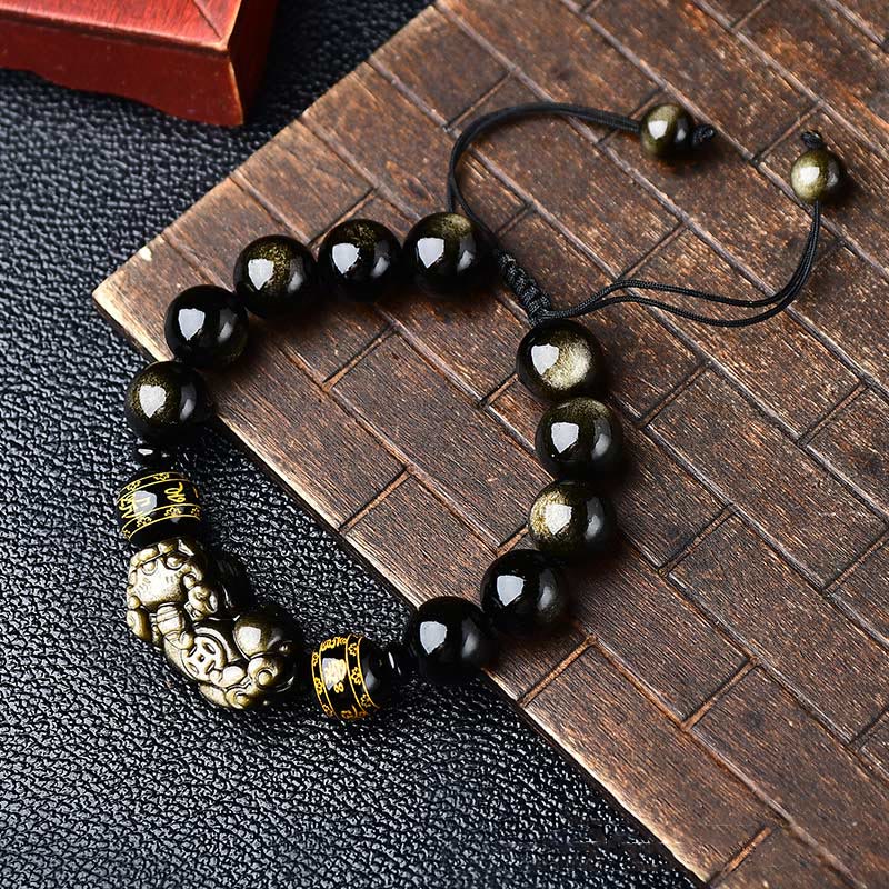 Fortune Jewel Natural Gold Sheen Obsidian PiXiu Om Mani Padme Hum Wealth Braided Bracelet