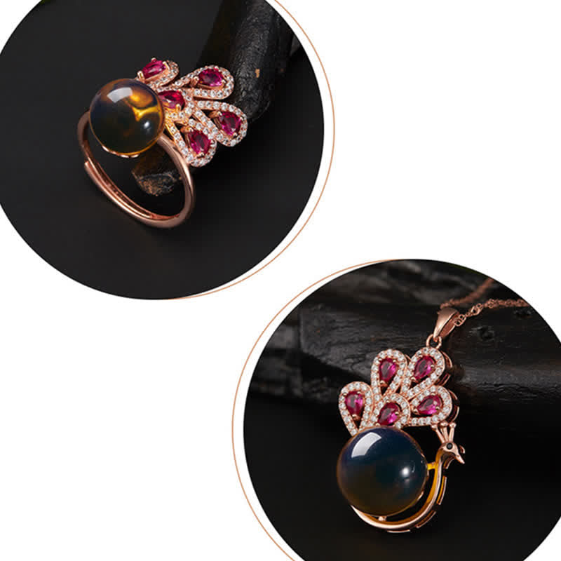 Fortune Jewel Peacock Amber Fortune Love Necklace Pendant Ring