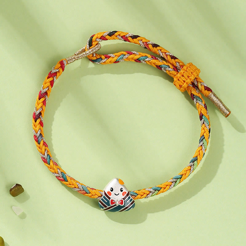 Fortune Jewel 925 Sterling Silver Dragon Boat Festival Zongzi Pattern Luck Handmade Multicolored Rope Child Adult Bracelet