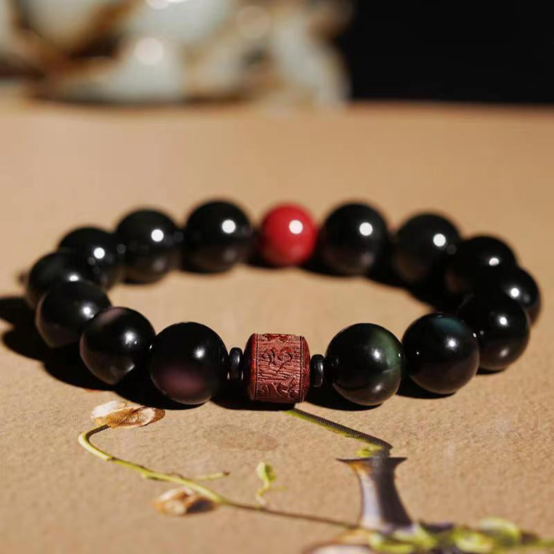Fortune Jewel Natural Gold Sheen Obsidian Rainbow Obsidian Om Mani Padme Hum Fu Character Healing Bracelet