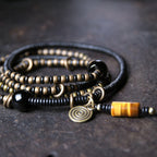 Fortune Jewel Ebony Wood Dzi Bead Copper Peace Couple Bracelet Necklace Pendant