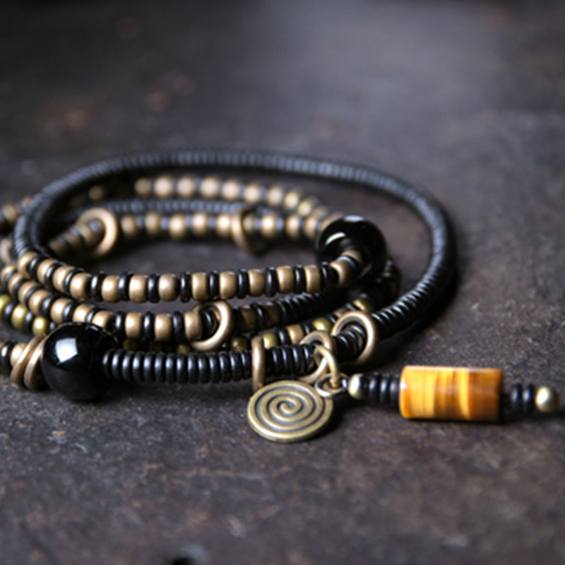 Fortune Jewel Ebony Wood Dzi Bead Copper Peace Couple Bracelet Necklace Pendant