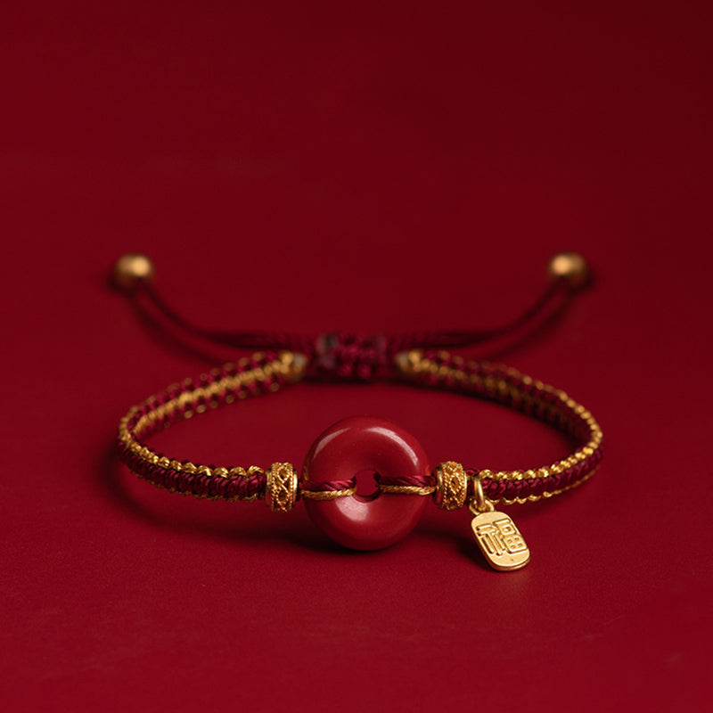 Fortune Jewel Natural Cinnabar Peace Buckle Fu Character Charm Blessing Braided Bracelet