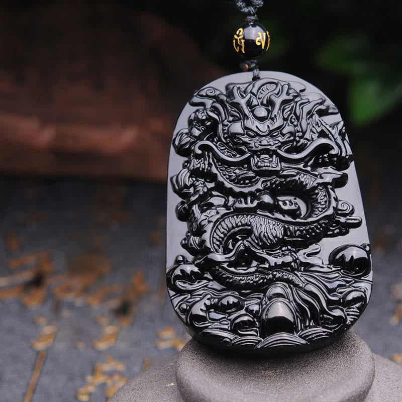 Fortune Jewel Black Obsidian Stone Dragon Fulfilment Pendant Necklace