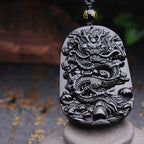 Fortune Jewel Black Obsidian Stone Dragon Fulfilment Pendant Necklace