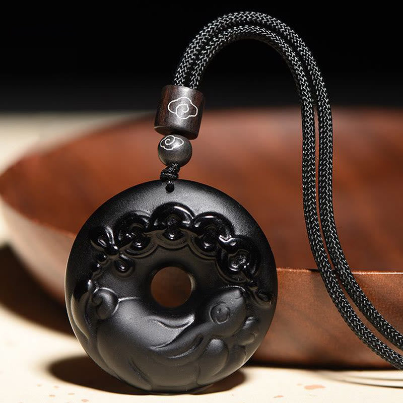 Fortune Jewel Chinese Zodiac Natural Black Obsidian Peace Buckle Strength Necklace Pendant