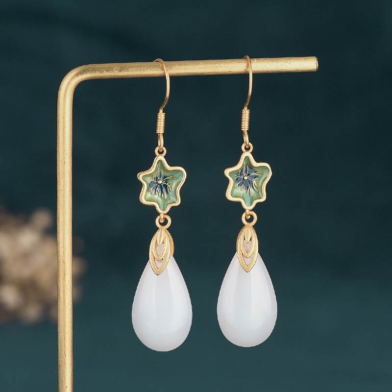 Fortune Jewel FengShui White Jade Luck Drop Earrings