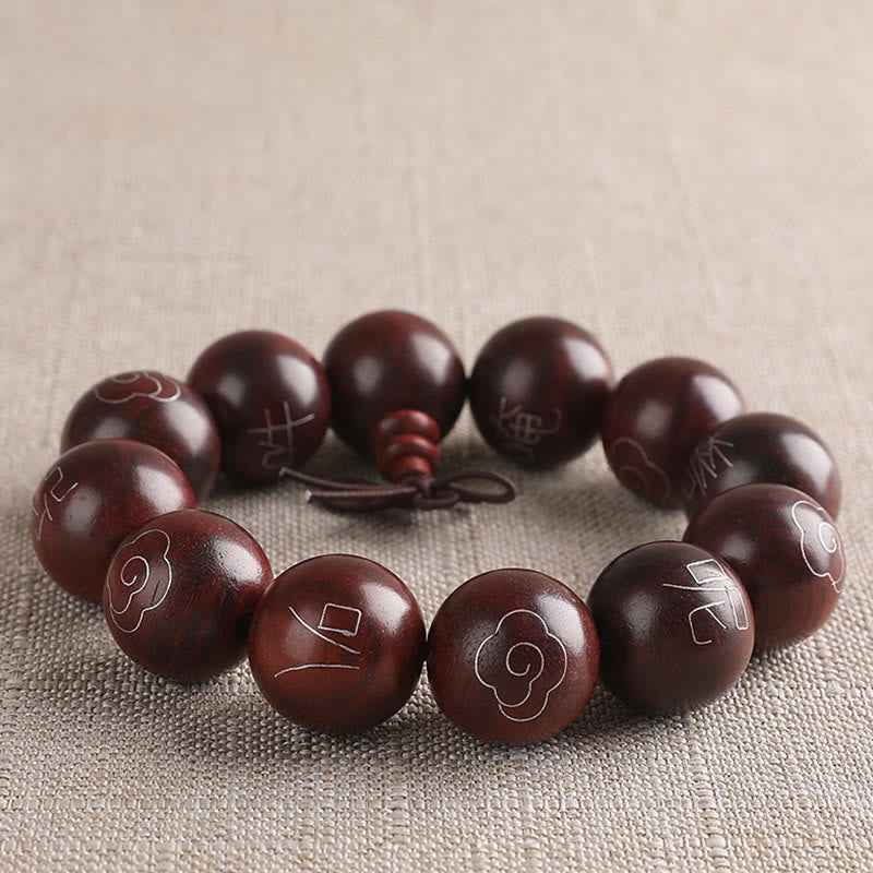 Fortune Jewel 925 Sterling Silver Inlaid Small Leaf Red Sandalwood Om Mani Padme Hum Character Auspicious Clouds Protection Bracelet