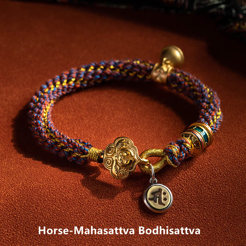 Fortune Jewel 925 Sterling Silver Chinese Zodiac Natal Buddha Om Mani Padme Hum Luck Bell Braided String Bracelet