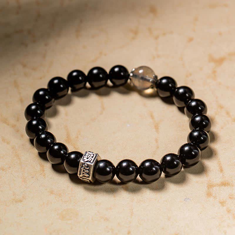 Fortune Jewel Chinese Zodiac Natal Buddha 925 Sterling Silver Black Obsidian Moonstone Strength Bracelet
