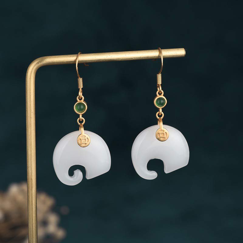 Fortune Jewel FengShui Elephant White Jade Fortune Earrings