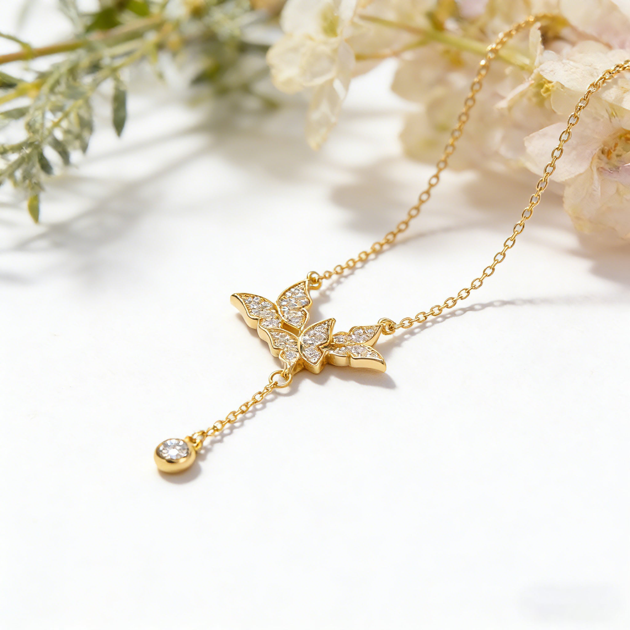 925 Sterling Silver Butterfly Tassel Y Necklace