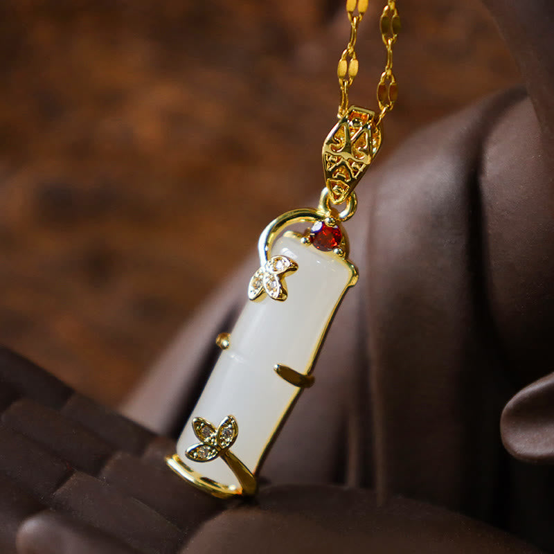 Fortune Jewel White Jade Cyan Jade Bamboo Luck Protection Necklace Pendant