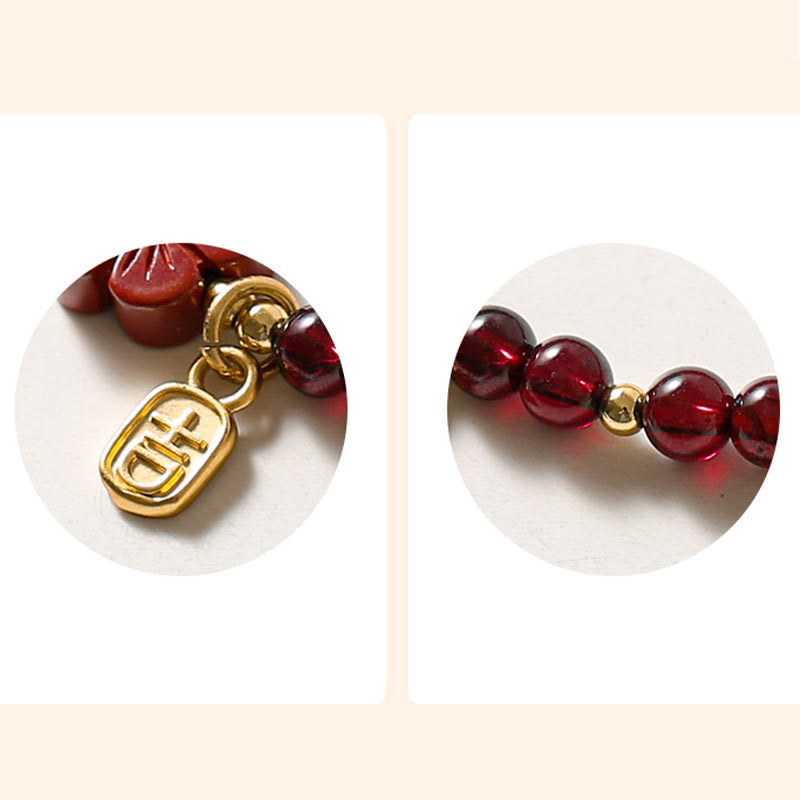 Fortune Jewel 14K Gold Plated Natural Garnet Cinnabar Flower Calm Bracelet