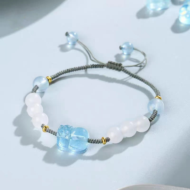 Fortune Jewel Natural Aquamarine PiXiu Hetian White Jade Healing Bracelet