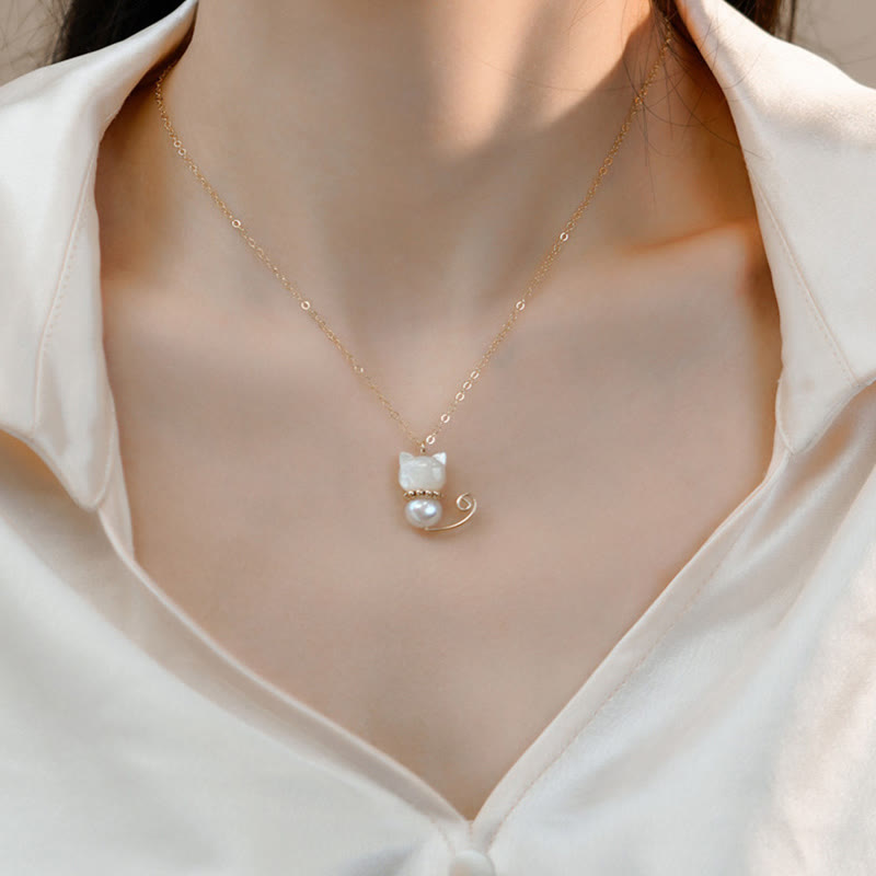 Fortune Jewel 14K Gold Plated Pearl Hetian Jade Shell Luck Cat Kitten Necklace Pendant