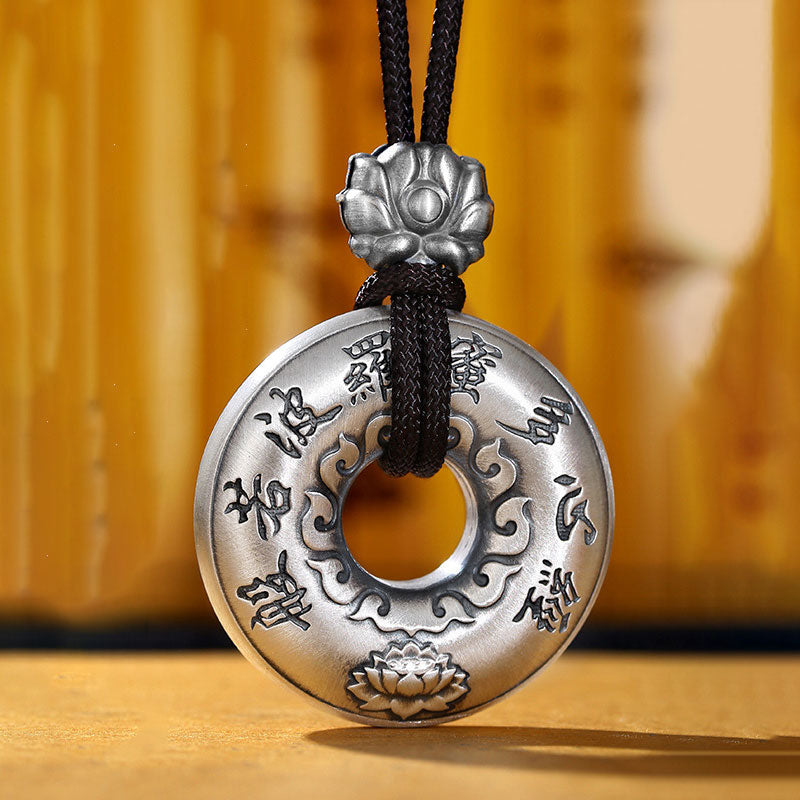Fortune Jewel 999 Sterling Silver Heart Sutra Lotus Peace Buckle Necklace Pendant Fortune Jewel