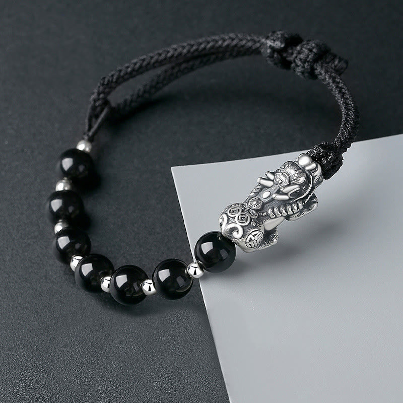 Fortune Jewel 999 Sterling Silver FengShui PiXiu Natural Black Obsidian 925 Sterling Silver Bead Strength Bracelet
