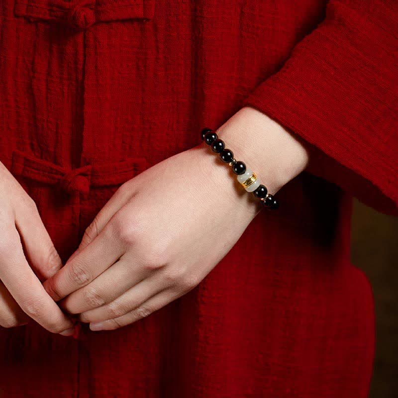Fortune Jewel Black Obsidian Jade Om Mani Padme Hum Strength Couple Magnetic Bracelet