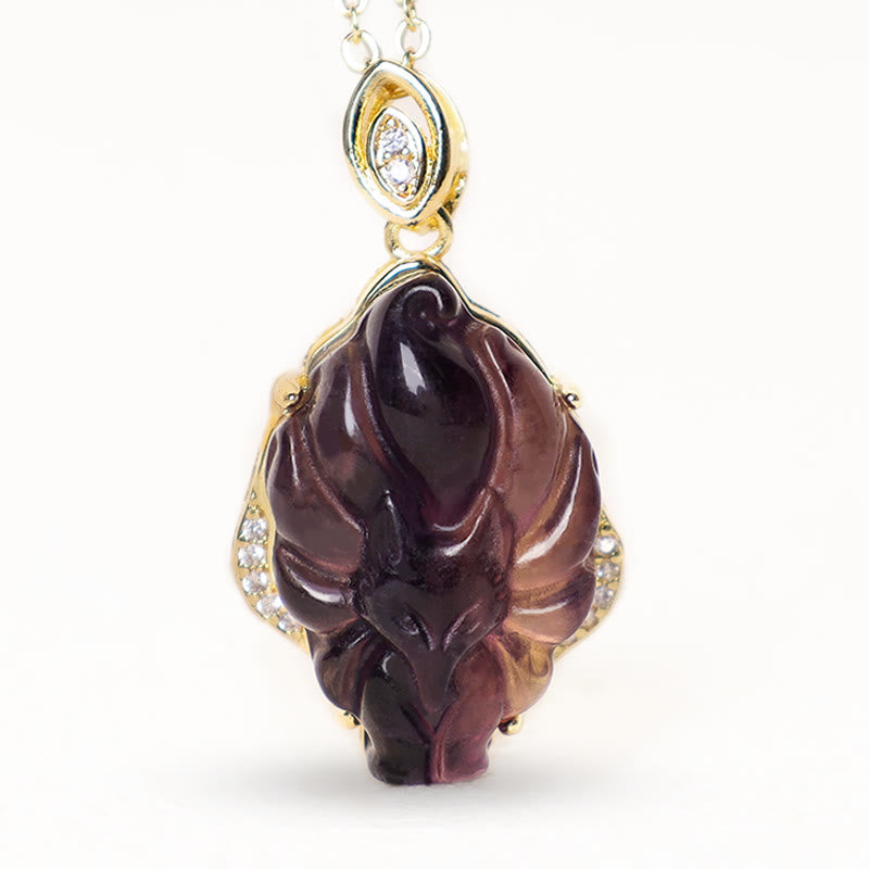 Fortune Jewel Natural Colorful Fluorite Nine Tailed Fox Protection Necklace Pendant