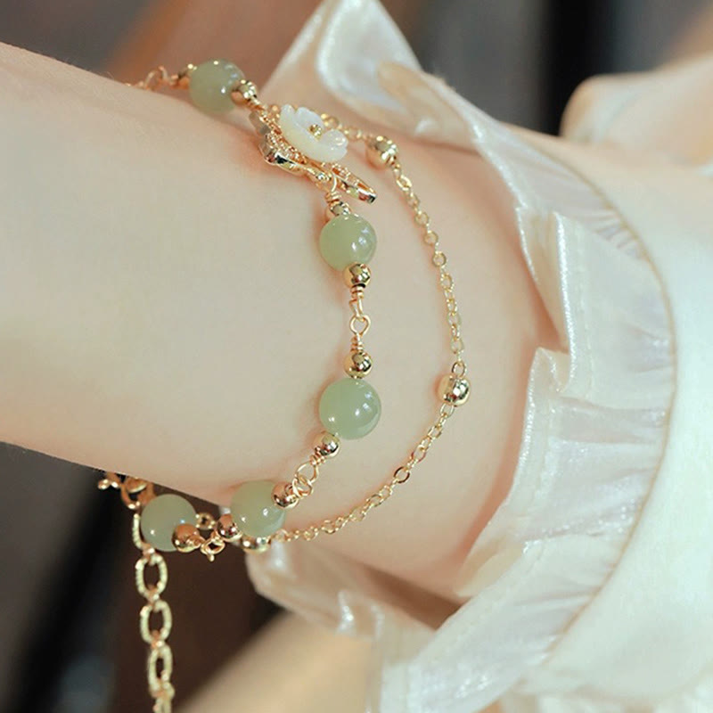 Fortune Jewel 14K Gold Plated Jade Butterfly Tridacna Stone Flower Double Layer Luck Bracelet