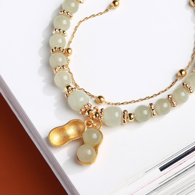 Fortune Jewel 925 Sterling Silver Natural Hetian Jade Good Things Happen Peanut Charm Bracelet