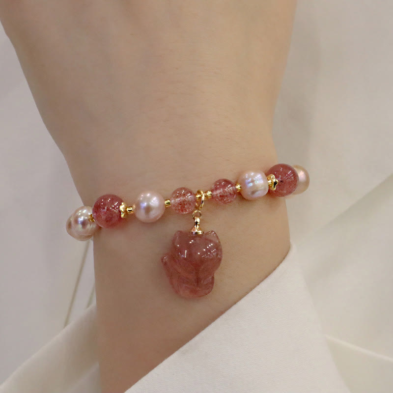 Fortune Jewel Natural Pearl Strawberry Quartz Cute Fox Love Healing Charm Bracelet