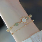 Fortune Jewel 14K Gold Plated Jade Butterfly Tridacna Stone Flower Double Layer Luck Bracelet