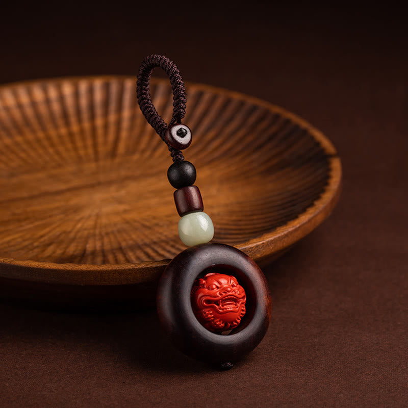 Fortune Jewel Tibet Om Mani Padme Hum PiXiu Copper Coin Small Leaf Red Sandalwood Cinnabar Protection Key Chain