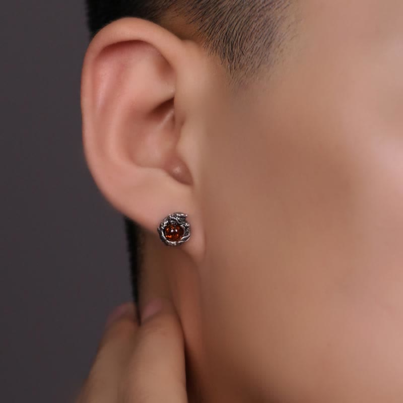 Fortune Jewel 925 Sterling Silver Natural Amber Dragon Success Protection Stud Earring