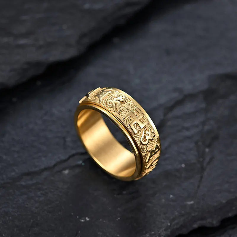 Fortune Jewel Om Mani Padme Hum Balance Calm Titanium Steel Ring Fortune Jewel