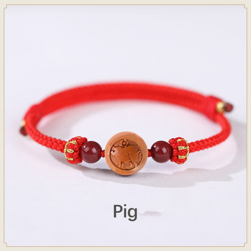Fortune Jewel Natural Peach Wood Chinese Zodiac Fu Character Carved Cinnabar Wealth Bracelet