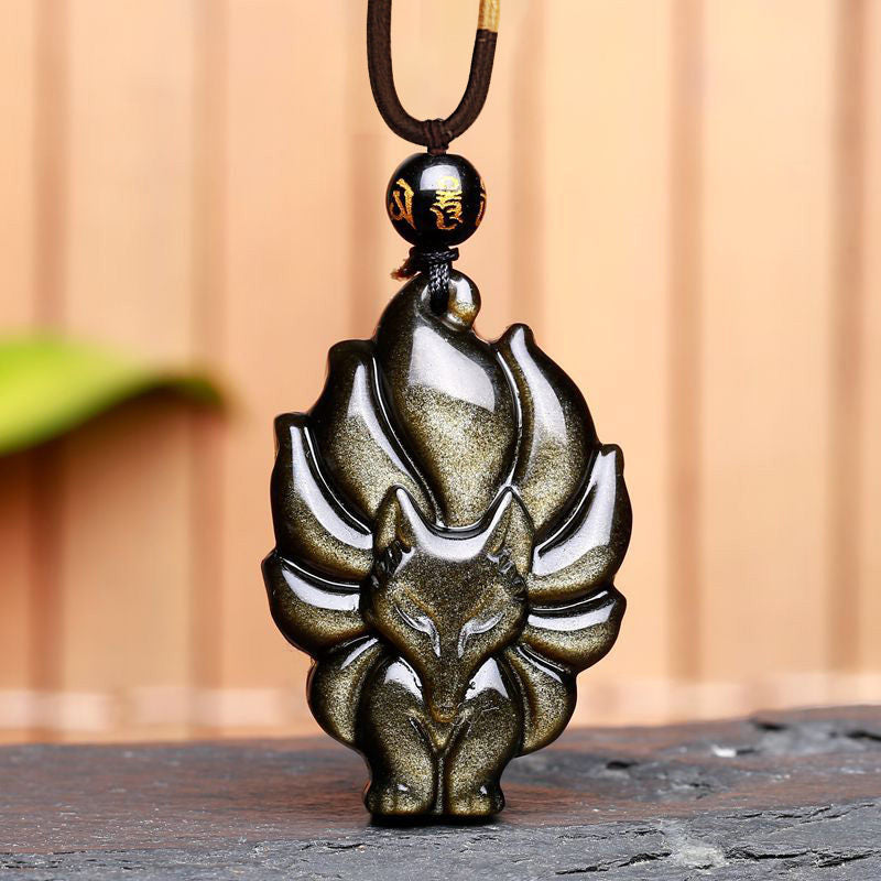 Fortune Jewel Natural Rainbow Obsidian Gold Sheen Obsidian Nine Tailed Fox Positive Necklace Pendant