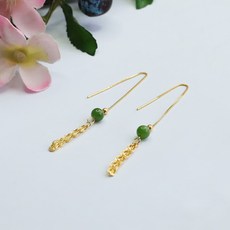 Fortune Jewel 925 Sterling Silver Natural Hetian Cyan Jade Bead Luck Phoenix Tail Drop Earrings