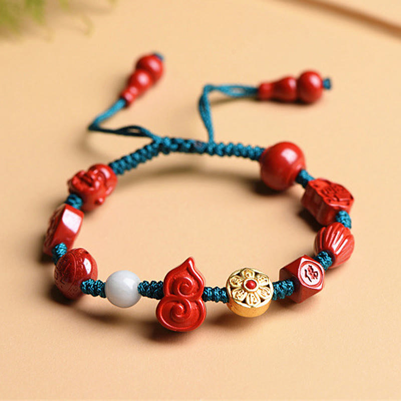 Fortune Jewel Natural Cinnabar Gourd Om Mani Padme Hum Laughing Buddha Blessing String Bracelet