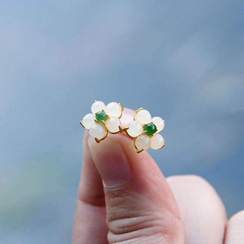 Fortune Jewel White Jade Flower Luck Blessing Stud Earrings