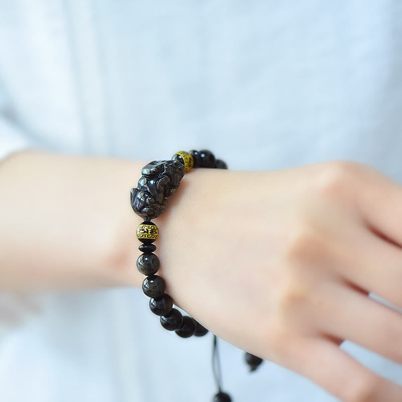 Fortune Jewel Natural Gold Sheen Obsidian PiXiu Om Mani Padme Hum Wealth Braided Bracelet