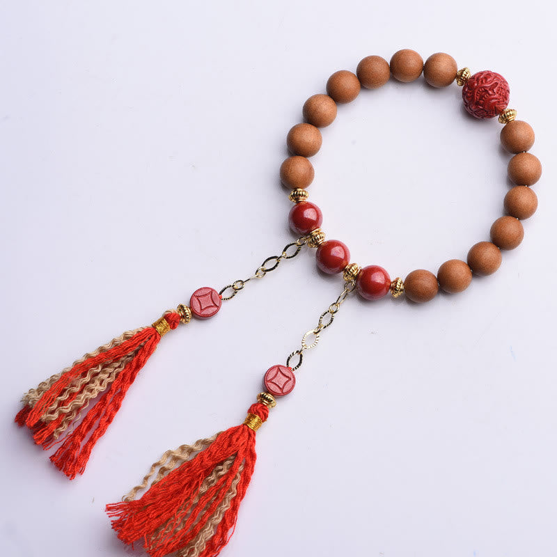 Fortune Jewel Tibetan Natural Peach Wood Cinnabar PiXiu Wealth Tassels Bracelet