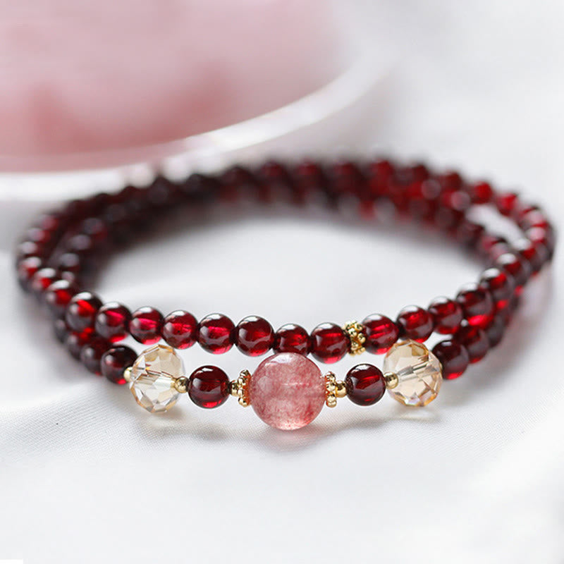 Fortune Jewel 14K Gold Plated Natural Garnet Strawberry Quartz Stability Double Wrap Bracelet