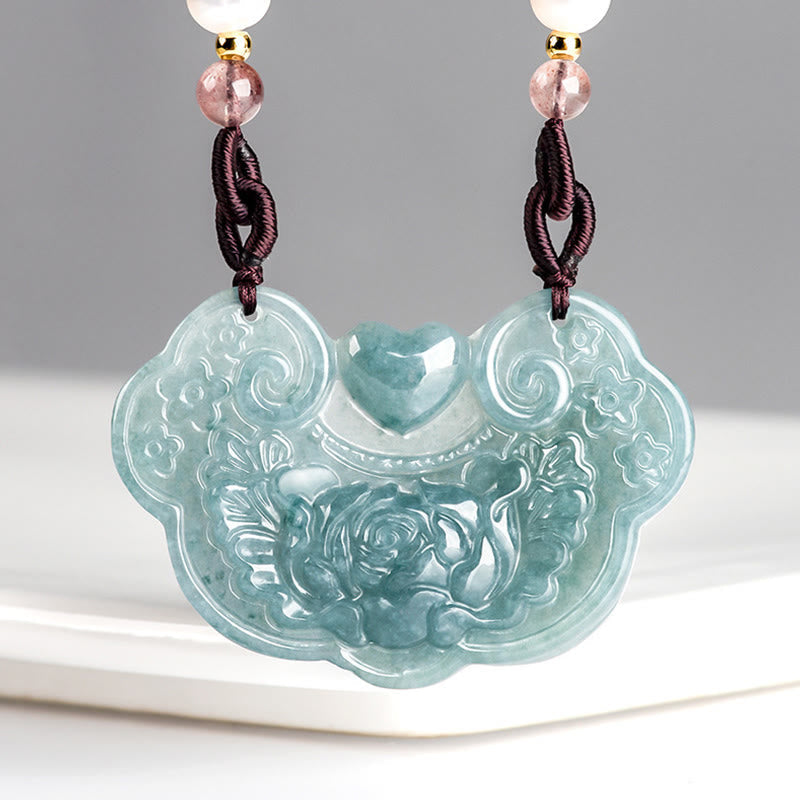 Fortune Jewel Natural Jade Peony Flower Lock of Good Wishes Prosperity Necklace Pendant