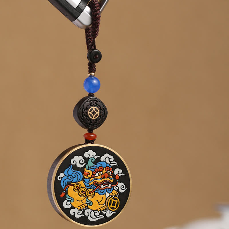 Fortune Jewel PiXiu Copper Coin Ebony Wood Luck Attract Wealth Key Chain Decoration