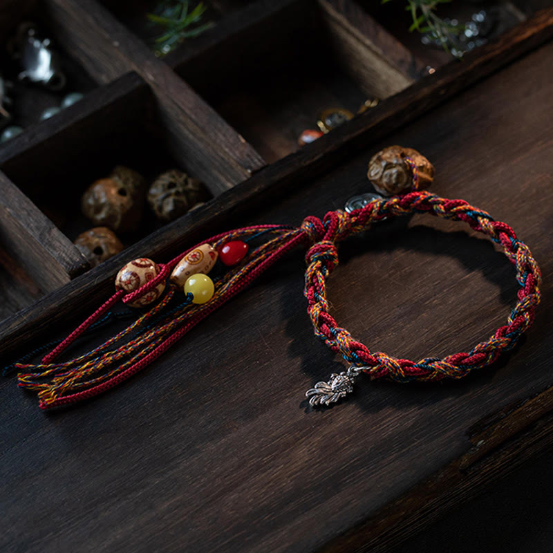 Fortune Jewel Tibetan Handmade Colorful Thread 925 Sterling Silver Koi Fish Protection Strength String Bracelet