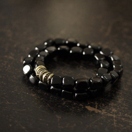 Tibetan Double-Layer Obsidian Square Bead Bracelet – Vintage Style for Men & Women